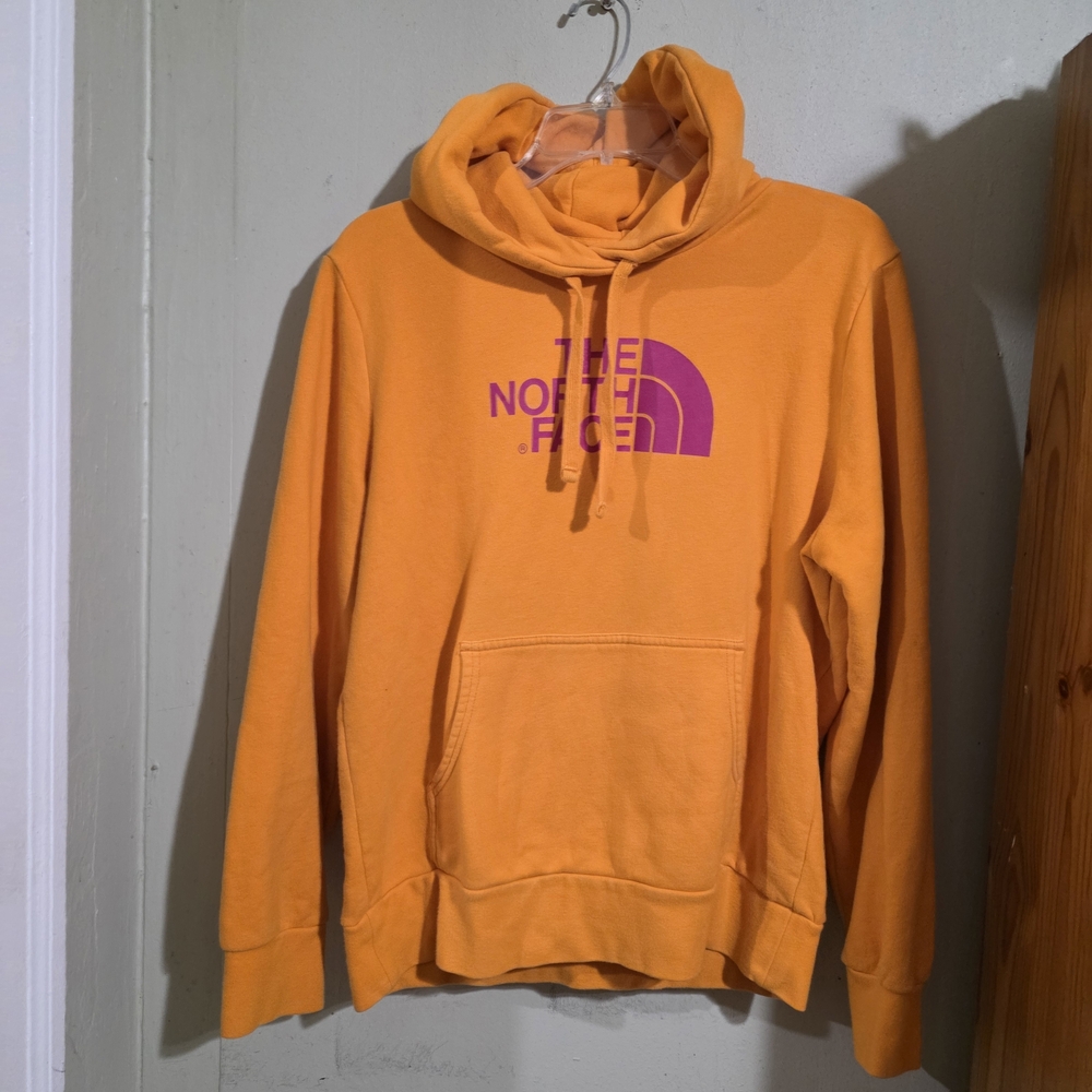 The North Face Orange Hoodie with Purple Logo Size L Perfect Conditions